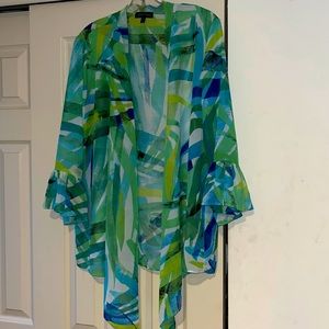 Slinky Dry Cleaned 100% Polyester Blue Green Lightweight Open Cardigan Size XL